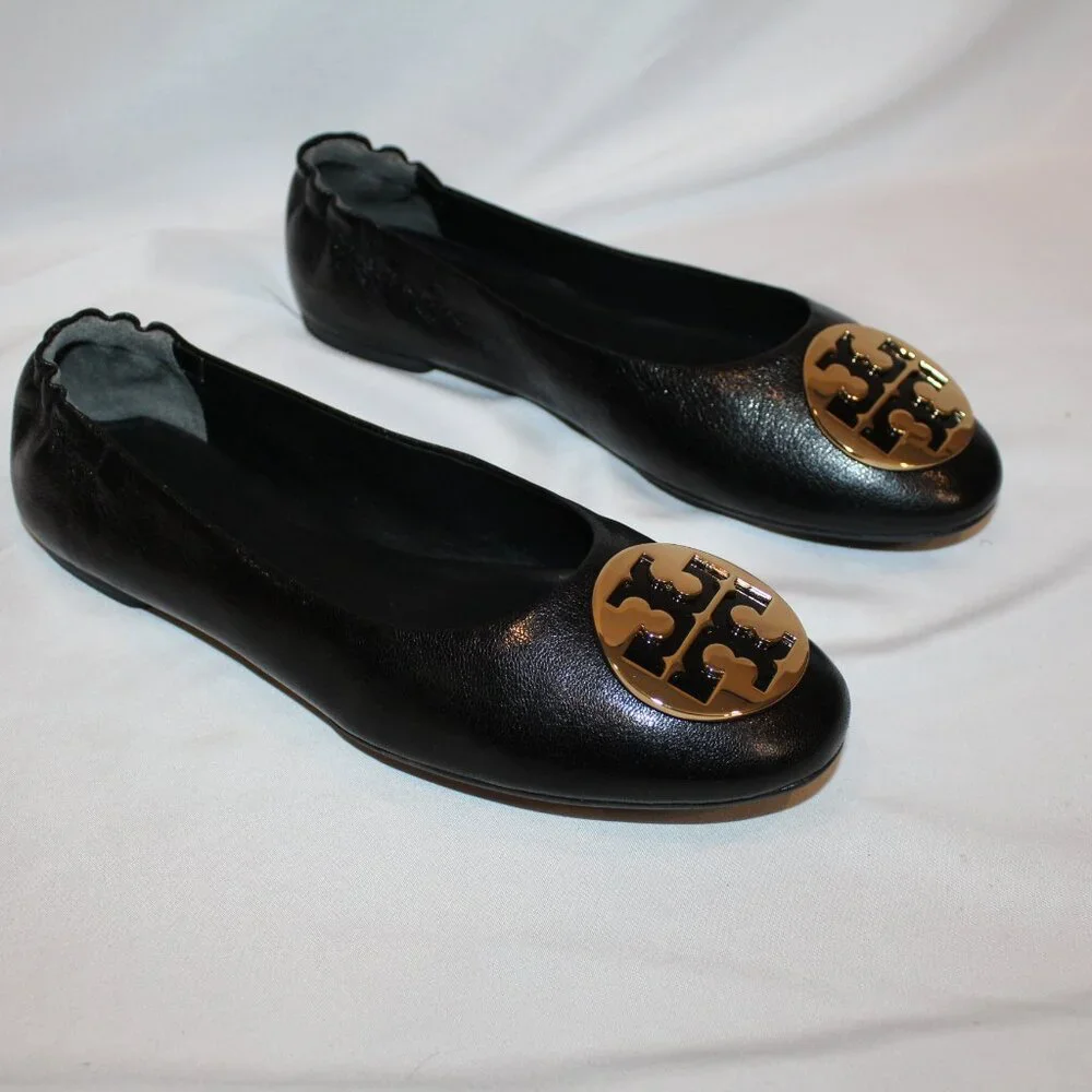 New TORY BURCH‎ CLAIRE LEATHER BLACK GOLD ACCENT BALLET FLAT